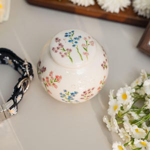 May include: A cream-colored ceramic pet urn with a floral design in pink, blue, and purple. The urn has a round shape with a matching lid. A black and white daisy-patterned collar is visible.