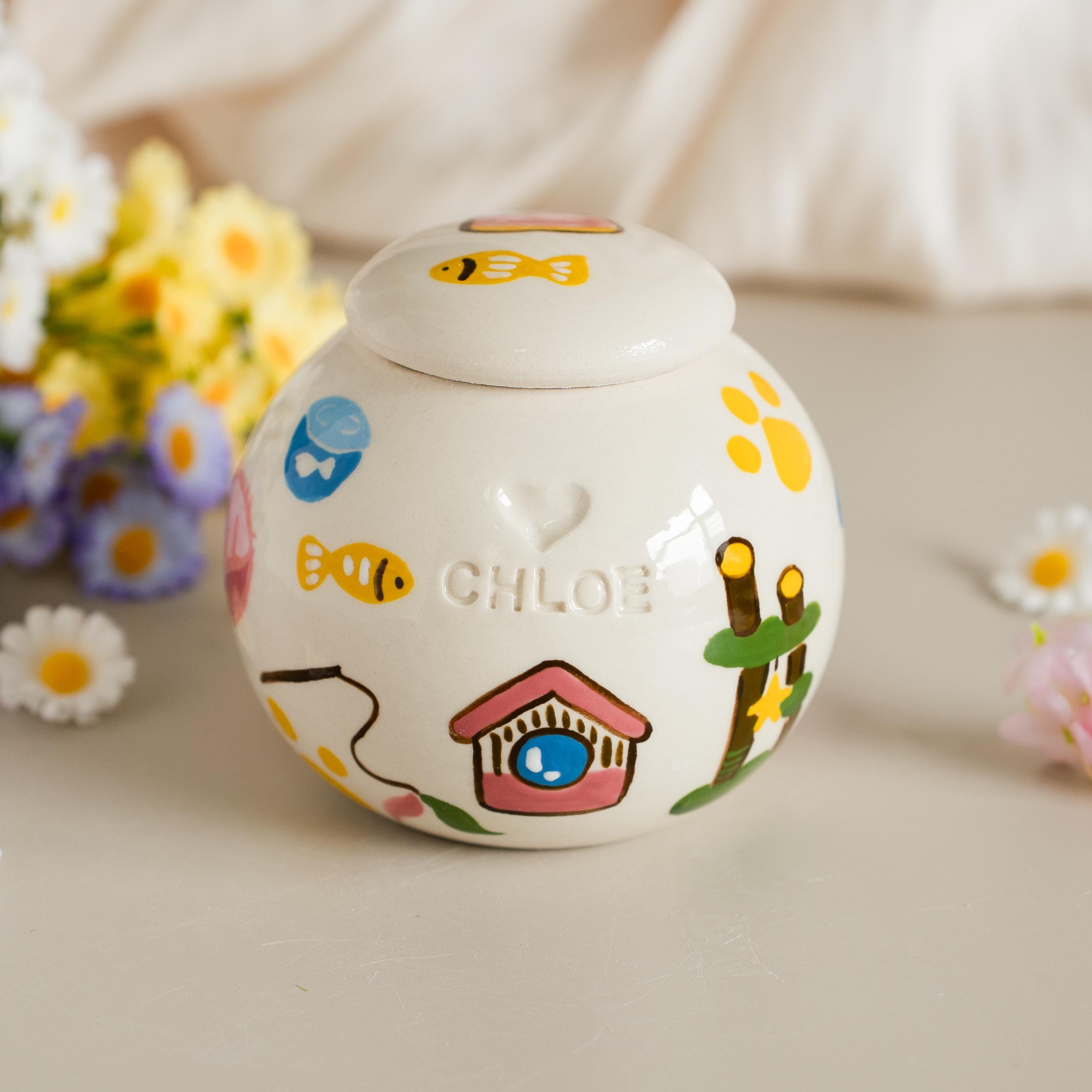 Custom Pet Memorial Urn with Favorite Toy & Bed, Hand Painted Underglaze Ceramic Ashes Urn, Personalized Pet Loss Keepsake with Name/Text