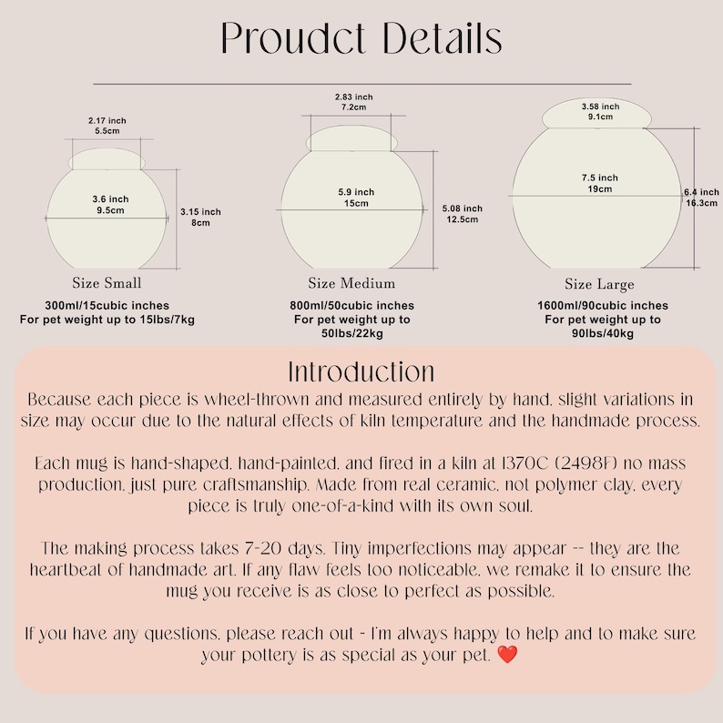 May include: Detailed product information for ceramic pet bowls, including size dimensions in inches and milliliters. The image shows three sizes: small (3.6" x 2.17"), medium (5.9" x 2.83"), and large (7.5" x 3.58"). The bowls are hand-shaped and hand-painted.