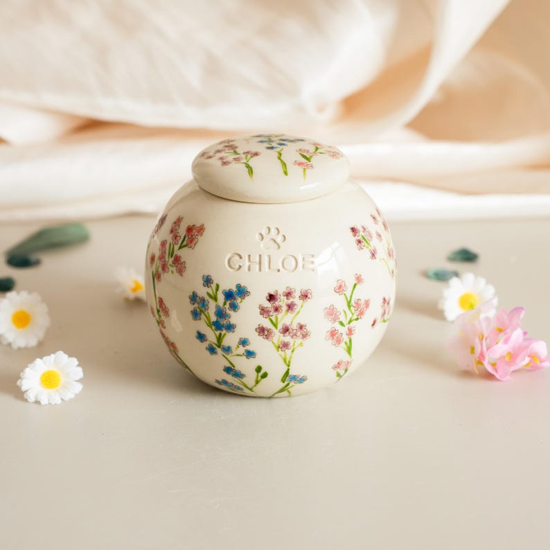 Custom Multi-Color Forget-Me-Not Flower Urn: Personalized Handmade Ceramic Urn With Underglaze Painting image 1