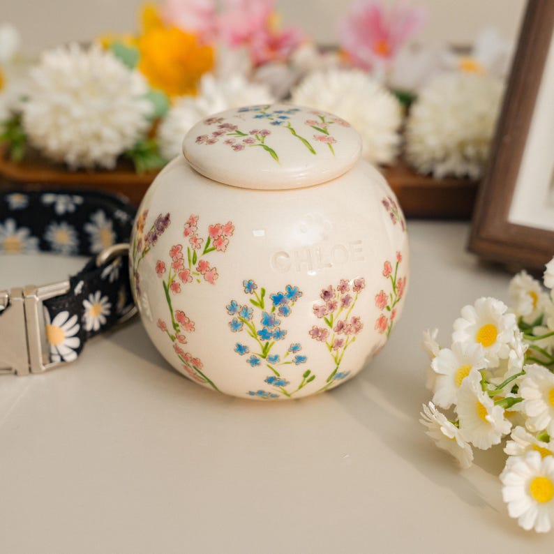 May include: A cream-colored ceramic pet urn with a lid, adorned with delicate pink and blue floral patterns. The urn is spherical with the name "CHLOE" inscribed on the front. A black and white daisy-patterned pet collar is visible in the background.