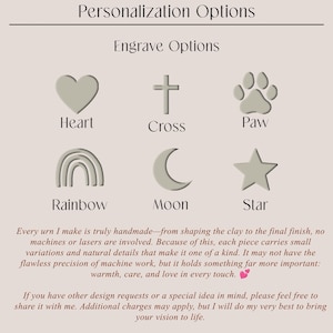 May include: Image showcasing personalization options for engraving. Features a heart, cross, paw print, rainbow, moon, and star. Text reads "Engrave Options" and describes handmade urns with unique details.