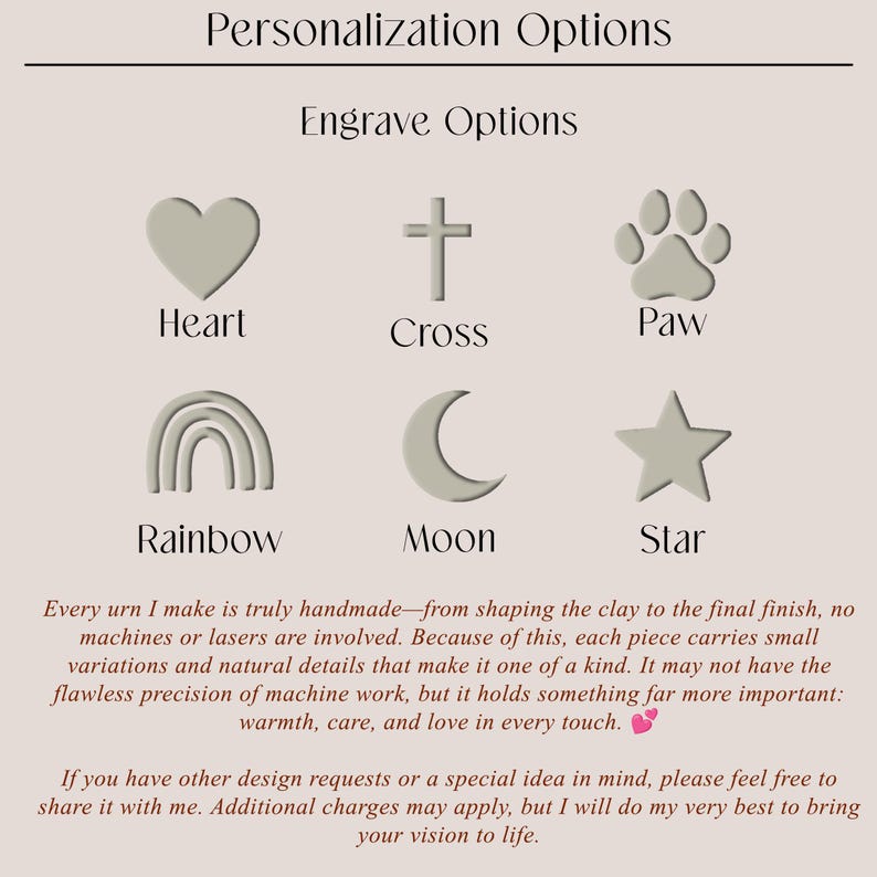 May include: Image showcasing personalization options for engraving. Features a heart, cross, paw print, rainbow, moon, and star. Text reads "Engrave Options" and describes handmade urns with unique details.