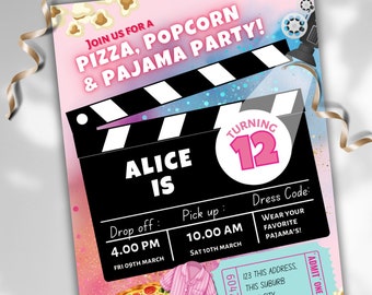 Pizza Popcorn and Pajamas Party Birthday Invitation Template, Movie Party Evite, Slumber Party, Sleepover Birthday Digital Invitation