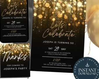 Let&#39;s Celebrate Party Invitation| Online Editable Template| INSTANT DOWNLOAD| Mobile Invite text| Black gold Invite for Him, NN01