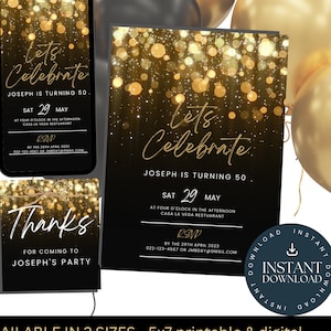 Let&#39;s Celebrate Party Invitation| Online Editable Template| INSTANT DOWNLOAD| Mobile Invite text| Black gold Invite for Him, NN01