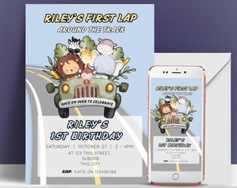 Race Car First Birthday Invitation, First Lap Around The Track Invite, Boy Birthday Invitation, Editable Canva