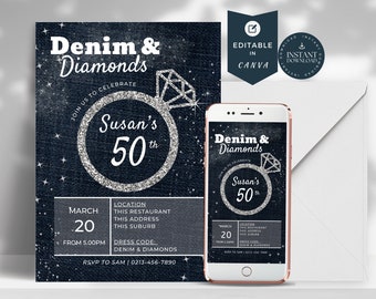 Bewerkbare Denim Diamonds verjaardagsuitnodiging, 21e verjaardag, 50e, Marine zilver uitnodigen, vrijgezellenfeest, Blue Jeans, Glam, Sparkles, DD