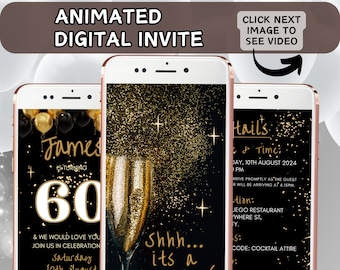 Surprise e-invite, Text Invitation, Phone invite, gold neon birthday invite, Editable Animated Video Dinner Party Invite In Black and Gold.