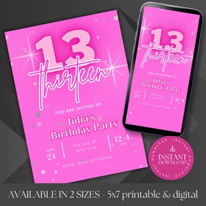 EDITABLE Neon Birthday Invitation,Pink Birthday Invitation,13th Birthday Invitation, Birthday Invitation, eenage girl invitation,NN01