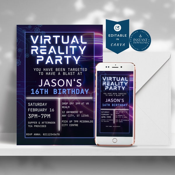 Editable VR Birthday Invitation, Virtual Reality Party, Instant Download, Printable, Gamer Party Invite, 16th, teen, virtual game party