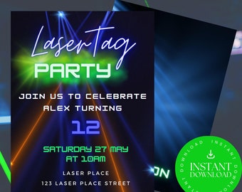 Editable Laser Tag Invitation,Neon Laser Tag Birthday Invitation,Glow Laser Tag Birthday Party,Boy Neon Glow,Laser Party Instant Download,12