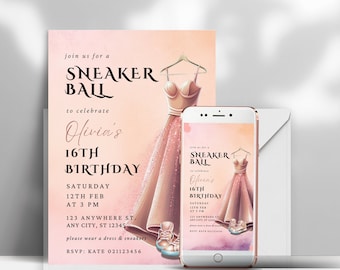 May include: A pink and gold invitation for a "Sneaker Ball" to celebrate Olivia's 16th birthday. The invitation features a pink dress with gold glitter and a pair of sneakers. The text on the invitation reads "Join us for a Sneaker Ball to celebrate Olivia's 16th Birthday. Saturday, 12th Feb at 3 PM. 123 Anywhere St. Any City, ST 12345. Please wear a dress & sneakers. RSVP: Kate 021123456."