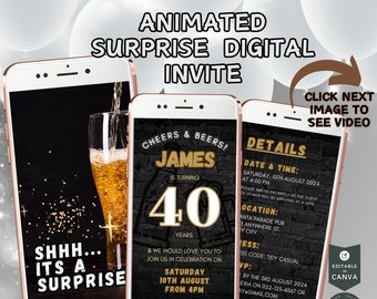 Surprise e-invite, Text Invitation, Phone invite, gold neon birthday invite, Editable Animated Video Dinner Party Invite In Black and Gold.