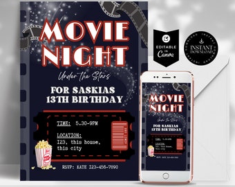 Invitación de cumpleaños de la noche de cine en el patio trasero, para niño, para niña, invitación a fiesta de cine, cumpleaños de noche de cine editable, noche de cine en el patio trasero