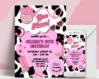Plantilla de invitación a fiesta de cumpleaños de vaquera rosa, fiesta de vaquera Yee Haw, cumpleaños de rodeo, fiesta de cumpleaños de niña, vamos chicas, cualquier edad