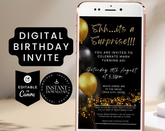 Shhh...it's a surprise e-invite, surprise neon party invite, Text Message Invitation, Mobile Phone invite, gold neon birthday invite