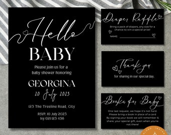 Minimal Baby Shower Invite, Digital, Modern black, Hello Baby Boy Girl, Gender Neutral Baby Shower Invite, Printable, simple baby shower, MW