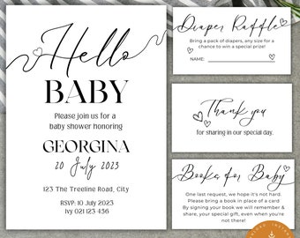 Minimalist Baby Shower Invitation, Text, Modern Black and White Hello Baby Boy Girl, Gender Neutral Baby Shower Invite, Printable, MW