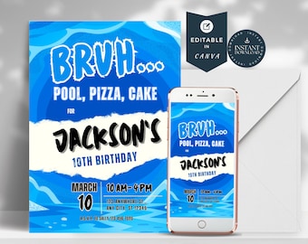 Birthday Invitation, Bruh It's My Birthday Invite, Boy Party Invitation, Pizza Party, Teenager Birthday, Teen Boy Birthday Invitation, pool