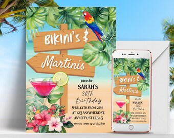 Bikinis and Martinis Bachelorette Party Itinerary, Girls Trip Invitation, Travel Itinerary, Beach Bachelorette, Bride To Be, birthday invite