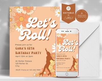 Let's Roll, Retro Groovy, Roller Skate Birthday Party Invitation, Daisy Birthday, Invite Instant Download, Editable ANY AGE, Hippie Invite