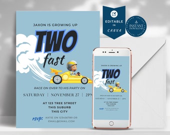 Editable TWO Fast Birthday Invitation, Race Car 2nd Birthday Invite, Racing Car, Vintage Racecar Printable Template Instant Download