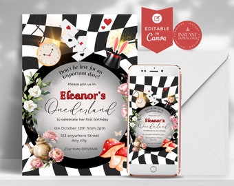Alice in Wonderland Invitation Template, Alice in Onederland 1st Birthday Invite, Mad Tea Party, EDITABLE Printable Instant Download