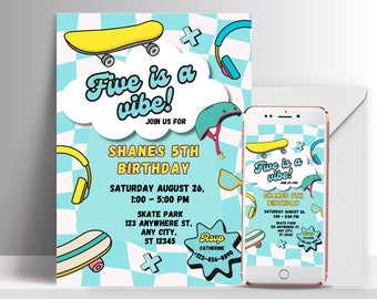 Five is a Vibe Birthday Invitation | Digital Download | Boy 5th Birthday | Retro Checkered Smiley Face Invitation