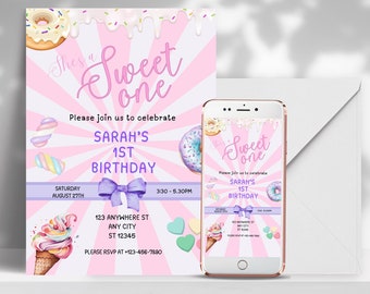Invitación de cumpleaños para niña Candy SWEET ONE, invitación de cumpleaños, donut de algodón de azúcar, helado, cupcake