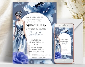 EDITABLE Quinceanera Invitation Template with Blue flower Design, Floral Background, Canva Digital