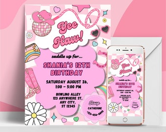 Plantilla de invitación a fiesta de cumpleaños de vaquera rosa, fiesta de vaquera Yee Haw, cumpleaños de rodeo, fiesta de cumpleaños de niña, vamos chicas, cualquier edad