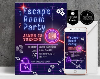 Invitación de cumpleaños editable de Escape Room, invitación de neón digital, niños o preadolescentes, Mystery Break Out, fiesta de detectives, Descubrir el misterio, ER