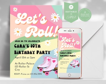 Let's Roll, Retro Groovy, Roller Skate Birthday Party Invitation, Daisy Birthday, Invite Instant Download, Editable ANY AGE, Hippie Invite