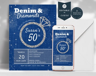 Faire-part d'anniversaire modifiable avec diamants en denim, 21e anniversaire, 50e anniversaire, invitation argent bleu marine, enterrement de vie de jeune fille, bleu jean, glam, paillettes, DD