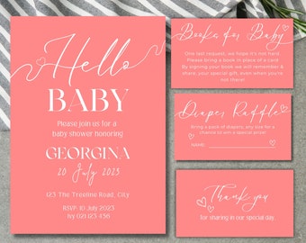 Minimal Baby Shower Invitation, Digital Modern Pink, Hello Baby Boy Girl, Gender Neutral Baby Shower Invite,Printable,simple baby shower, MW