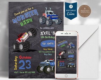 Monster Truck Birthday Invitation Template, Monster Truck Invites, Digger Invite, Kid Invite, Boys Party, Girls Party, Editable Canva