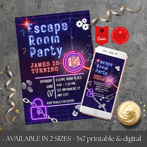 Editable Escape Room Birthday Invitation, Digital neon invite, Kids or Preteens, Mystery Break Out, Detective party, Uncover the Mystery, ER image 2