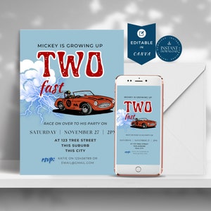 Editable TWO Fast Birthday Invitation, Race Car 2nd Birthday Invite, Racing Car, Vintage Racecar Printable Template Instant Download