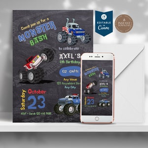 Monster Truck Birthday Invitation Template, Monster Truck Invites, Digger Invite, Kid Invite, Boys Party, Girls Party, Editable Canva