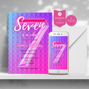 EDITABLE Neon Birthday Invite, Pink Birthday Invitation, 7th Invite, Glitter Birthday Invitation, six year old invitation, seven is a vibe