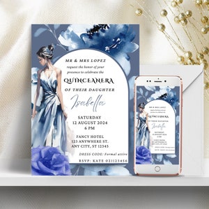 EDITABLE Quinceanera Invitation Template with Blue flower Design, Floral Background, Canva Digital