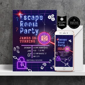Bearbeitbare Escape Room-Geburtstagseinladung, digitale Neoneinladung, Kinder oder Preteens, Geheimnisausbruch, Detektivparty, Lüften Sie das Geheimnis, ER