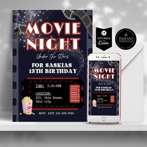Backyard Movie Night Birthday invite, for boy, for girl, Cinema Party invitation, Editable Movie Night Birthday, Backyard Movie Night