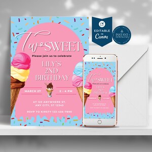 Two Sweet Birthday Invitation, 2nd Birthday Girl Invitation, Blue and Pink, Two Year Old Invite, Dessert Invite, Download Printable Editable