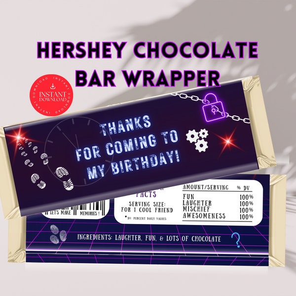 Editable Escape Room Birthday candy bar wrapper, Digital neon invite, For Kids or Preteens, Mystery, Detective party, party favor, ER