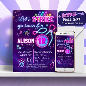 Bowling Birthday Invitation Instant Download Template, Editable Teen Girl Neon Glow Bowling Birthday Party Invite Digital & Printable