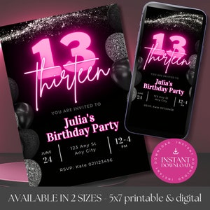 EDITABLE Neon Birthday Invitation, Pink Birthday Invitation, 13th Birthday Invitation, Birthday Invitation, teenage girl invitation, NN01