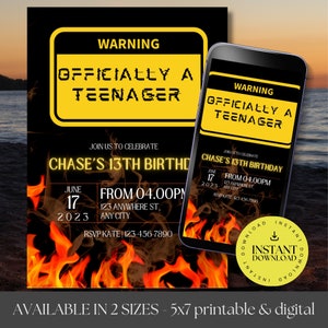 Editable Digital Birthday Invitation for 13th Birthday Boy, Party Idea for 13 Year Old Boy, Warning Official Teenager Evite Template