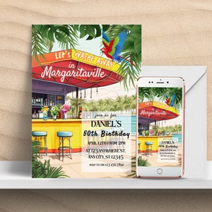 Modelo de convite de festa de aniversário de Margarita, convite digital de aniversário tropical, imprimível e editável no Canva, convite de Margaritaville